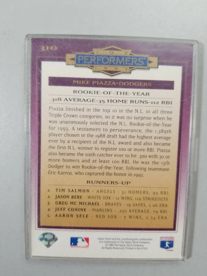 Mike Piazza Rookie 1993 Upper Deck #310 (de mejor rendimiento), Foto 2 de 2