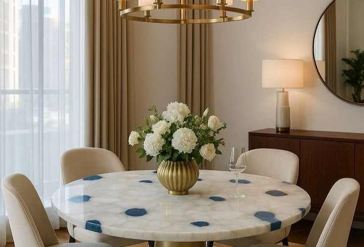 30" Round white blue Agate Stone Dining Tabletop | Crystal Slice Top | Tabletop - Image 4 of 4