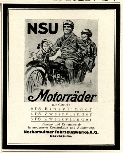 NSU Motorräder Reklame 1923 Motorrad Werbung Neckarsulm Sozia