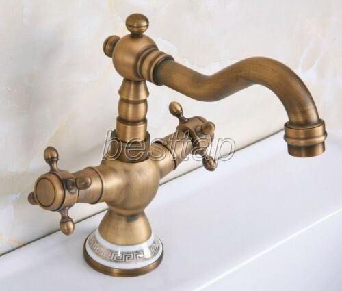 Antique Brass Dual Handles Swivel Kitchen Vessel Sink Faucet Mixer Tap snf604 - Afbeelding 1 van 7