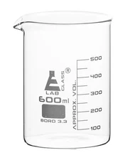 Eisco Labs 600ml Beaker, Low Form - 50ml Graduations - Borosilicate Glass
