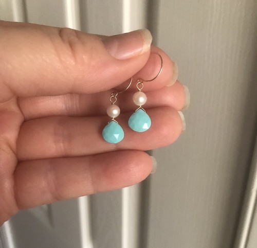 14k Turquoise Earrings Pearl Natural Briolette Dangle PETITES - Picture 2 of 7