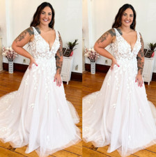 Plus Size Wedding Dress Deep V Neck Sweep Train Lace Applique A-Line Bridal Gown