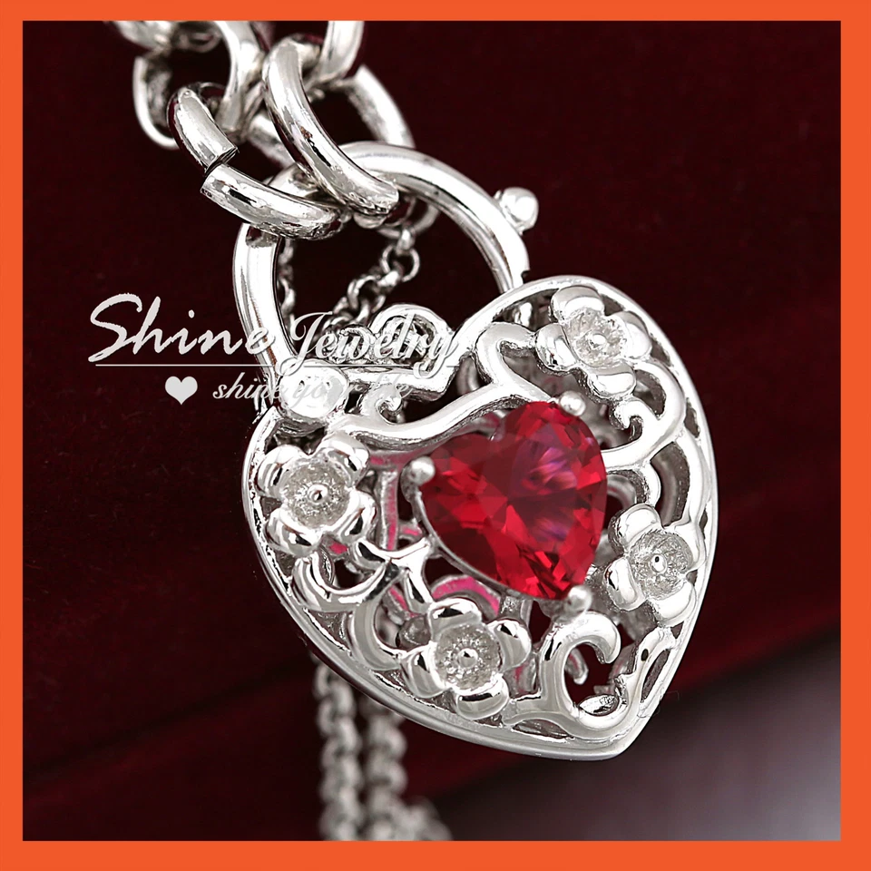 18K WHITE GOLD GF RUBY CRYSTAL HEART PADLOCK BELCHER RINGS CHAIN BANGLE BRACELET Foto 2 de 4