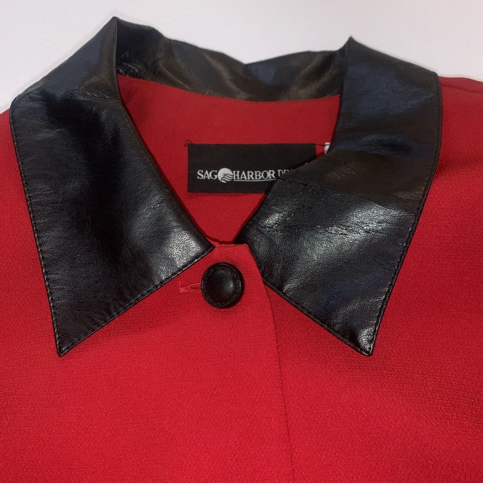 Sag Harbor Pantalón Traje Mujer’s 14 Rojo Chaqueta Con Cuello Imitación Cuero Pantalones Negros Foto 2 de 4