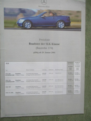 Mercedes Benz SLK-Klasse R170 200K 230K 320 +32AMG 29.Januar 2001 Preisliste