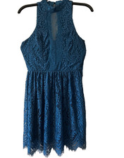 Trixxi Women's Mock Neck Sleeveless Lace Fit & Flare Dress Teal MEDIUM