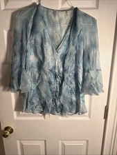 ELIE TAHARI Faith Blue Silk Ruffle Blouse Size Medium