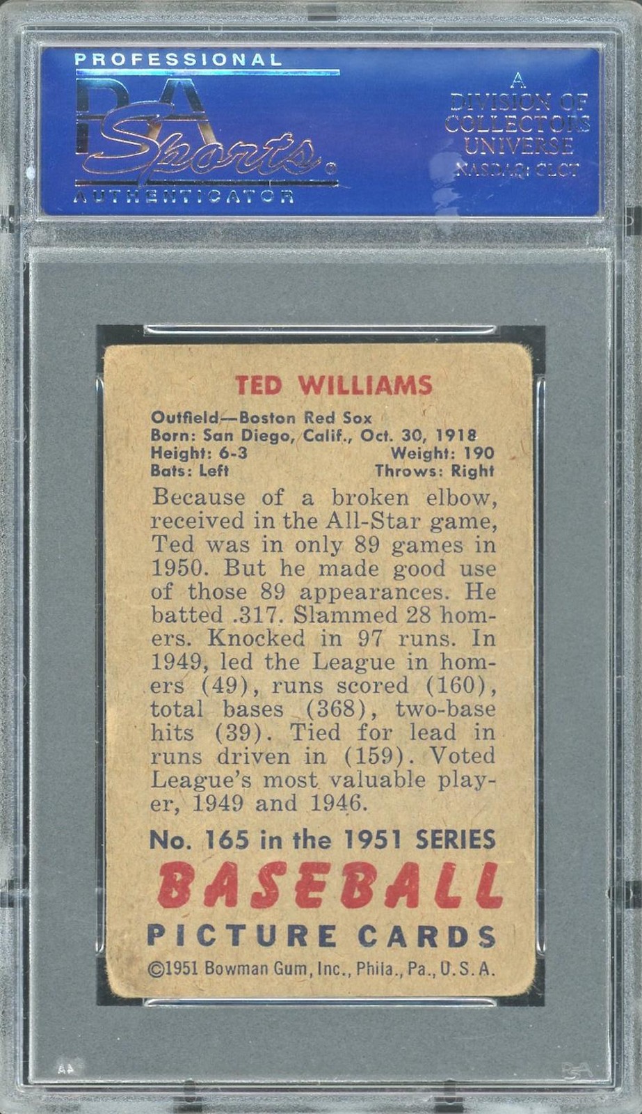 1951 Bowman #165 Ted Williams PSA 2 *6489 view 2