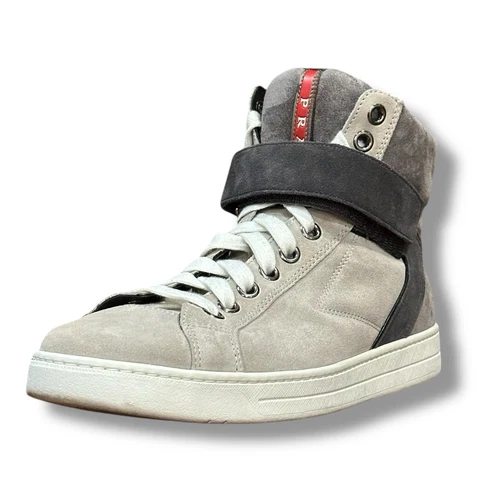 Sneakers alte uomo PRADA grigio marrone SCAMOSCLATO scamosciate con cinturino tg 7 5 con scatola