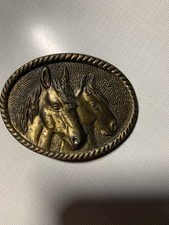 Gorgeous Two Horse Heads with Rope Border Brass Tone Western Cowboy Belt Buckle