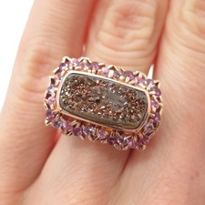 925 Sterling Silver Rose Gold Plated Druzy Pink Topaz  Amethyst Ring Size 5