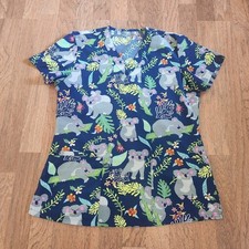 Navy Blue Koala Tropical Floral Print V-Neck Medical Scrub Top Short Sleeve 396