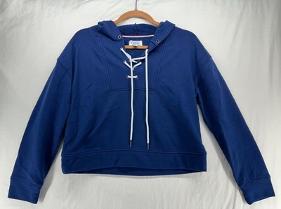 Evereve Crop Hoodie Tie Close Nautical Blue White Long Sleeve Size XS