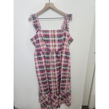 Torrid Pink Green Plaid Ruffle Strap Smocked Tiered Midi Dress Pockets Size 1