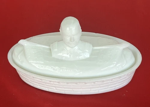 VTG Milk Glass Box-Admiral Dewey-Mustard/Covered Butter Dish - Ship-Spanish War