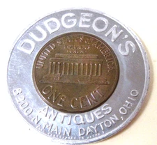 encased 1960-D Penny DUDGEON'S ANTIQUES Dayton Ohio mt1