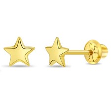 Puffed Star Toddler / Kids / Girls Earrings Safety Screw Back - 14k Gold