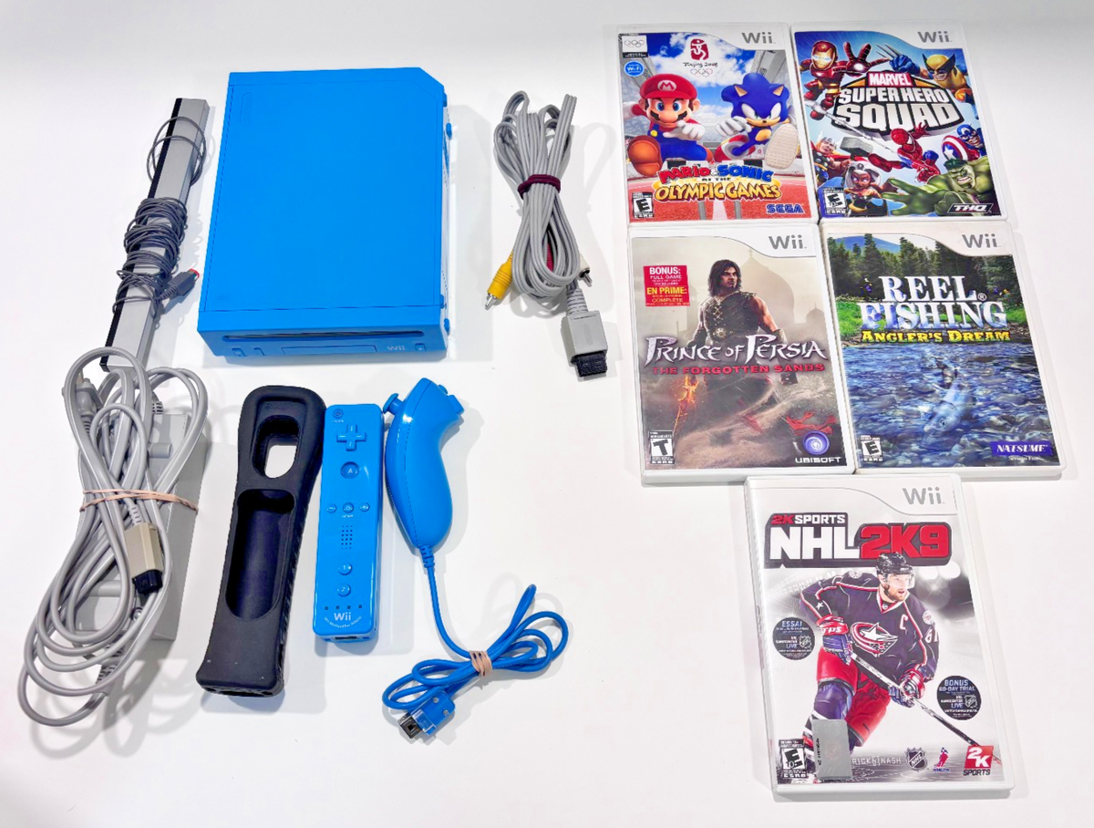 Nintendo Wii Blue RVL-101 Console Bundle w/ Controllers, Sensor