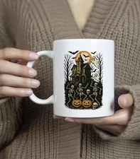Haunted House Halloween Coffee Mug, Not Scary Skeleton Ghost Spooky Halloween
