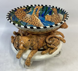 Whimsical Art Pottery Triple Leopard Cheetah Centerpiece Bowl DaNisha Style