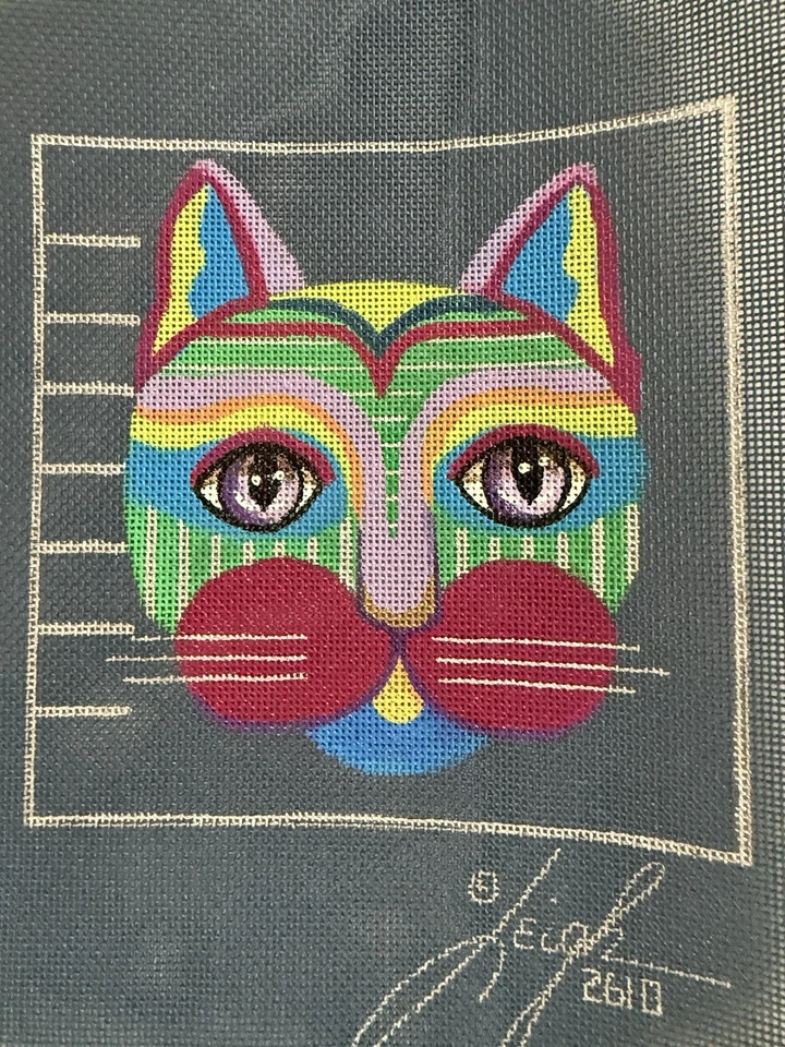 Leigh Handpainted Needlepoint Canvas Cat Abstract Design 18 Mesh 9x9 - Image 2 of 3