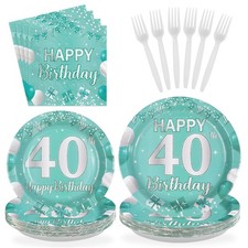 96 PCS Teal 40th Birthday Party Decorations Plates Napkins Tableware Serves 24