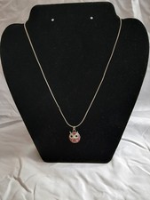 Unmarked 9" Silvertone Necklace With Owl Pendant Pink And Black Stones