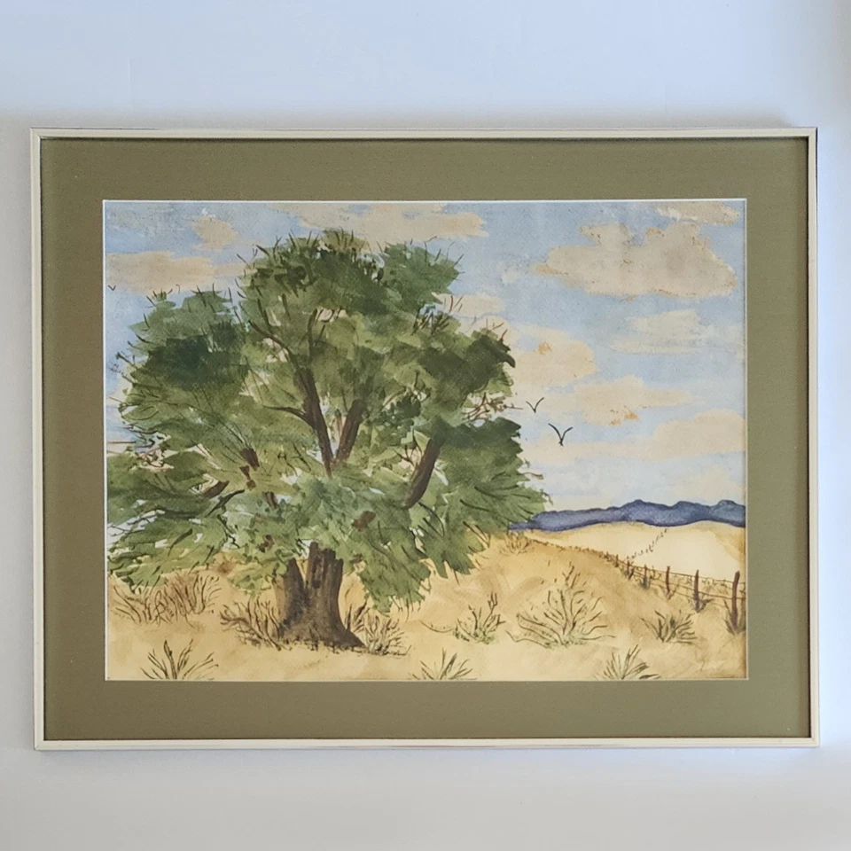 Pintura Acuarela ORIGINAL VINTAGE FIRMADA Arte Paisajístico Enmarcado Gran Colina Árbol Foto 4 de 4