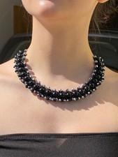 Collana uncinetto girocollo filo lurex e cristalli nero