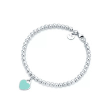 7" Return To Tiffany  Co. Blue Enamel Heart Tag Bead Bracelet Silver wPouch