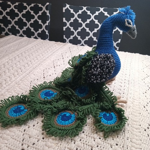 Crochet Peacock Standing Stuffed Animal Homemade Whimsical Fun Artsy Eclectic - Picture 2 of 10