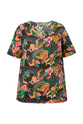 Ulla Popken Damen große Größen Longshirt Blüten A Linie V Ausschnitt