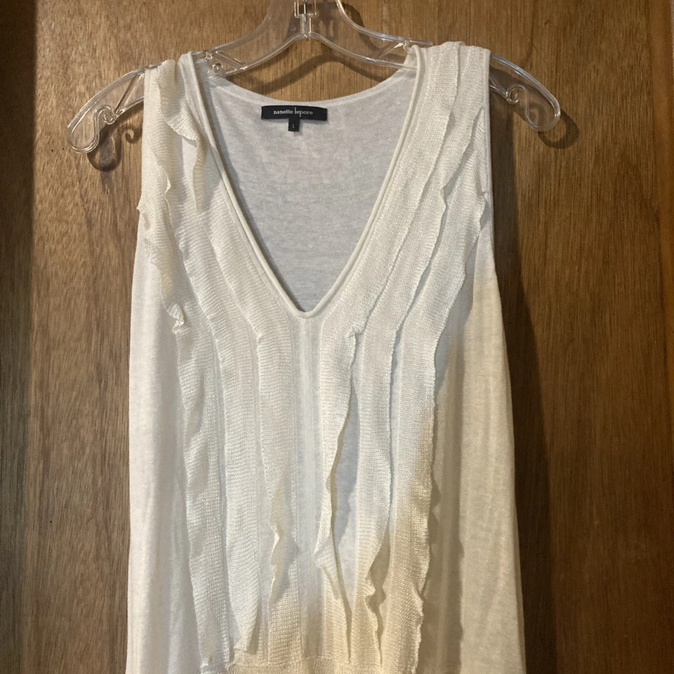 Nanette Lepore Cream Silk Linen Blend Ruffle Knit Dress Size L Dsm - Image 4 of 4