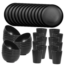 LIYH 36 Pcs Wheat Straw Dinnerware set of 12 - Plastic Plates and Bowls Black