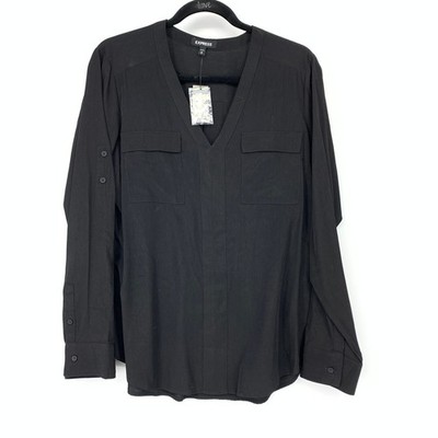 Express V-Neck Popover Blouse Womens Size Medium Black Long Sleeve Top NEW