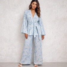 Vtg 60's/70's Handmade 2 Piece Wide Leg Pant Jacket Set Blue Floral Cardigan S/M