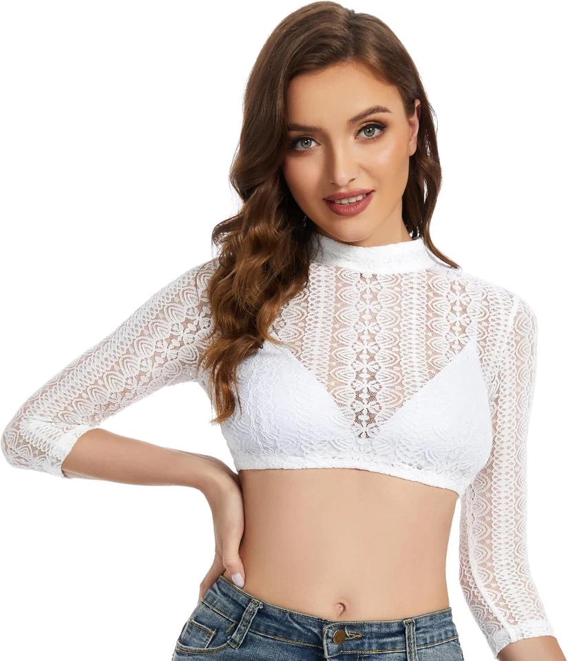 Dirndl Bluse Damen Trachtenbluse Spitze Langarm Weiß Hochgeschlossen Oktoberfest - Bild 2 von 4