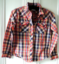 Vintage 1970s Girls Plaid Western Button Down Shirt Sz 10 Red Orange Blue Retro