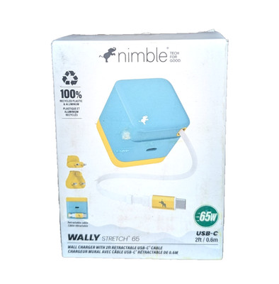 Nimble Wally Stretch 65W Dual USB-C Wall Charger w/ Retractable Cable TEAL BLUE