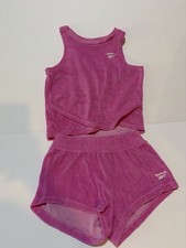 Reebok Girls Velour 2 Piece Lounge Set Pink Crop Tank Shorts Youth M US 8