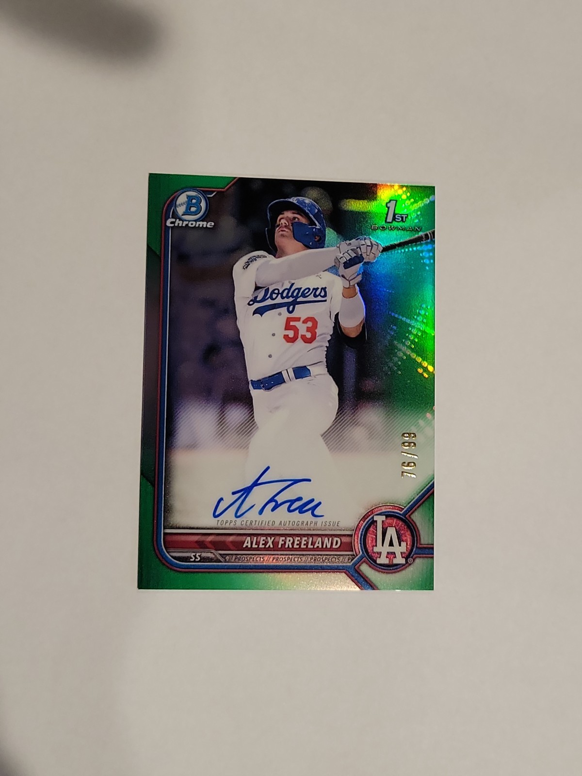 2022 Bowman Chrome 1st Alex Freeland Auto Green Refractor /99 RC Dodgers On Card