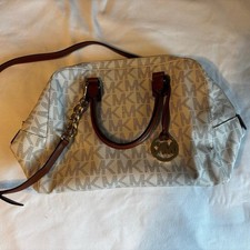 Michael Kors Beige Brown Logo Satchel Gold Hardware Double Leather Handles