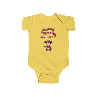 Cute Asian baby girl Firefighter Infant Bodysuit with saying  Trained by Daddy 