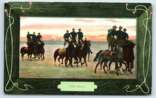 Postcard "The Drill" Military Men Standing on Horses J82