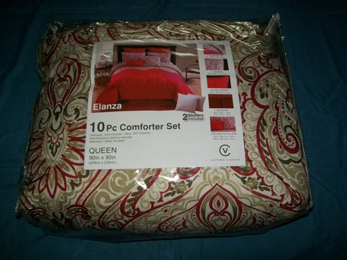 NEW 10 Piece Victoria Classics Elanza Red/Multi Polyester Queen Comforter Set - Picture 5 of 6