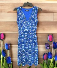 Nine West Women's 4 Sleeveless V-Neck A-Line Dress Blue Green White Stretch