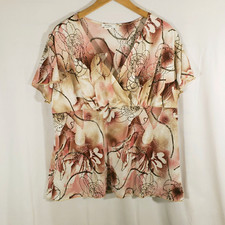 Dressbarn Women's Sz 1X Top Pink Floral Y Neck Sparkles Blouse Tunic Made in USA