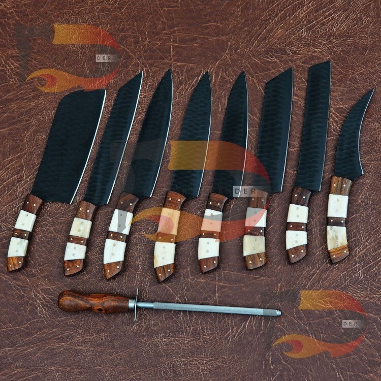 Custom High Quality Handmade Stainless Steel Black Coated Chef Set +Leather Case