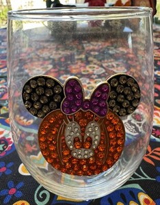 Disneys Minnie Mouse Stemless Rhinestone Wine Glass Fall/Halloween New